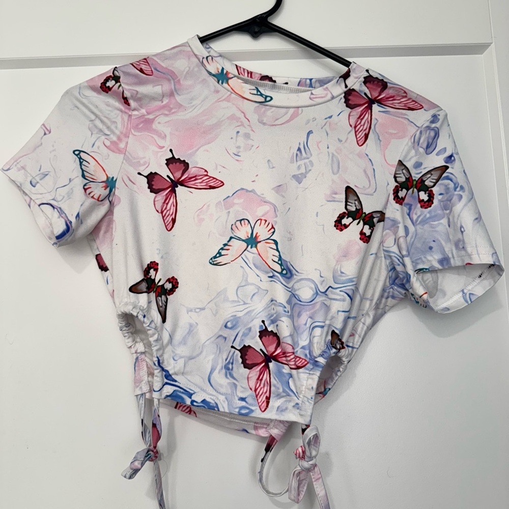 Butterfly Print Ruched Crop Top